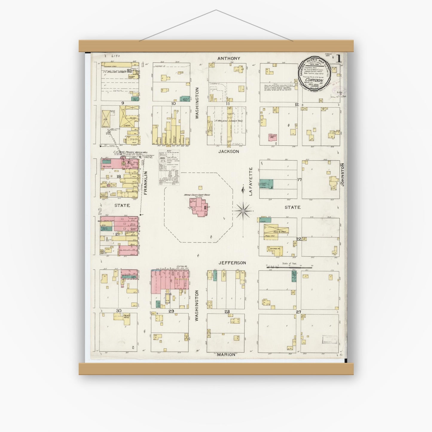 Old map wall art mockup — magnetic wood frame on white wall — Sanborn Fire Insurance Map from Corydon, Wayne County, Iowa (1893) â€” Complete Set