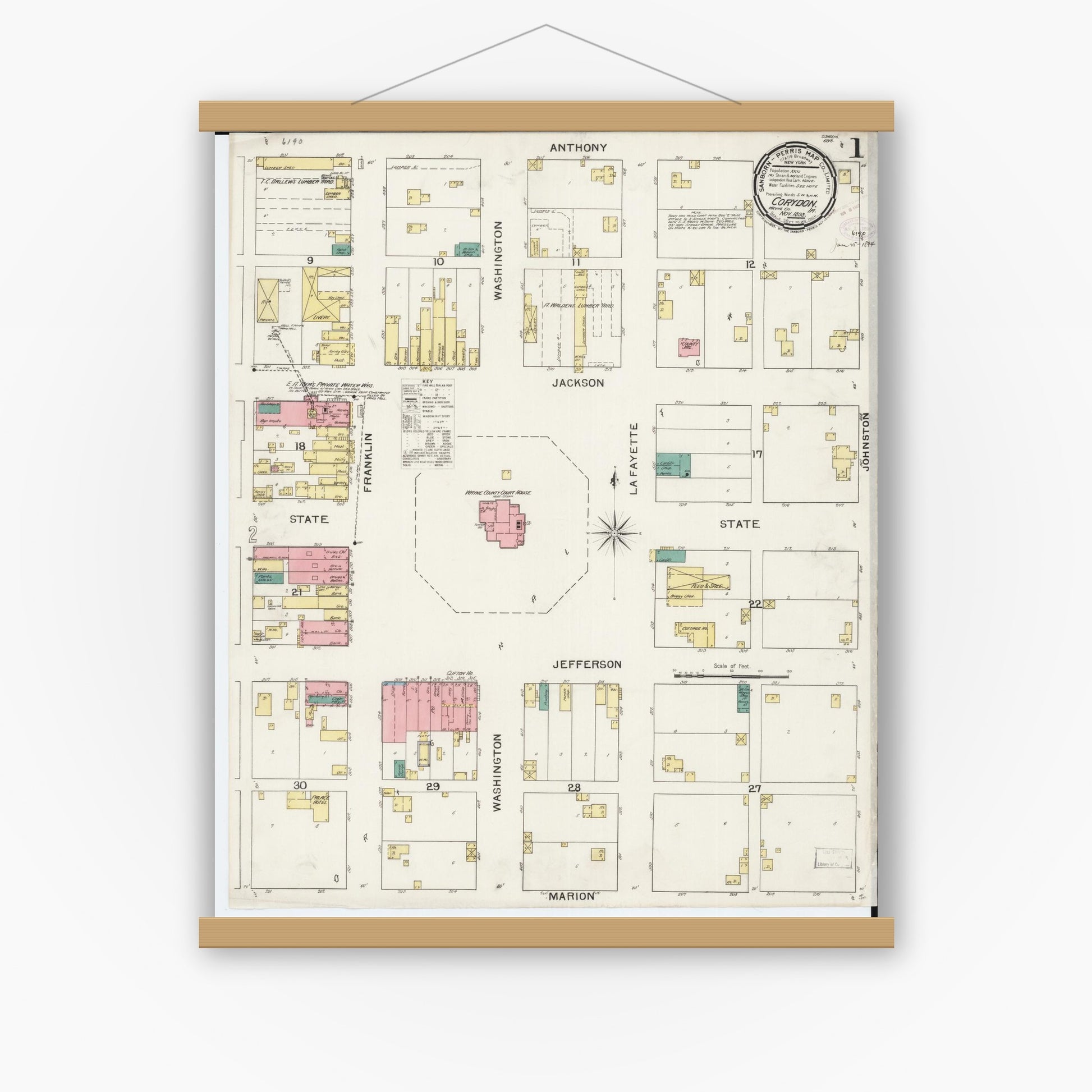 Old map wall art mockup — magnetic wood frame on white wall — Sanborn Fire Insurance Map from Corydon, Wayne County, Iowa (1893) â€” Complete Set