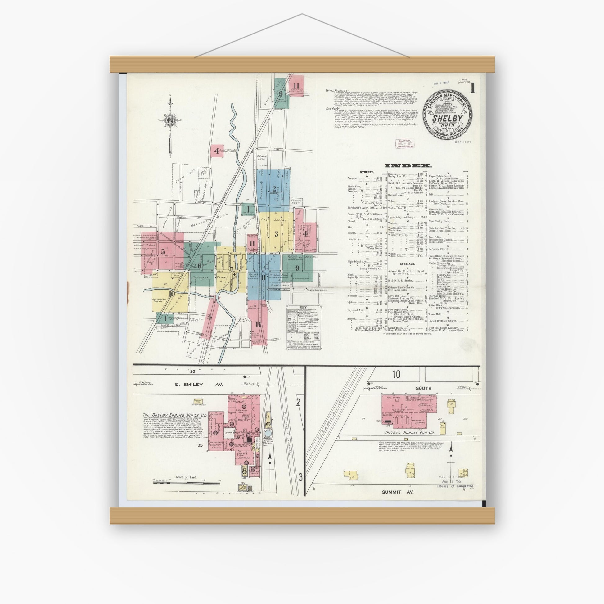 Old map wall art mockup — magnetic wood frame on white wall — Sanborn Fire Insurance Map from Shelby, Richland County, Ohio (1911), Sheet #0001