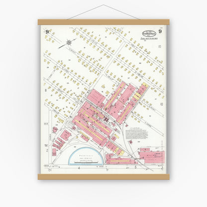 Old map wall art mockup — magnetic wood frame on white wall — Sanborn Fire Insurance Map from Kannapolis, Rowan And Cabarrus Counties, North Carolina (1926), Sheet #0009