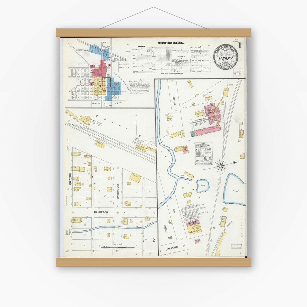 Old map wall art mockup — magnetic wood frame on white wall — Sanborn Fire Insurance Map from Barry, Pike County, Illinois (1905), Sheet #0001