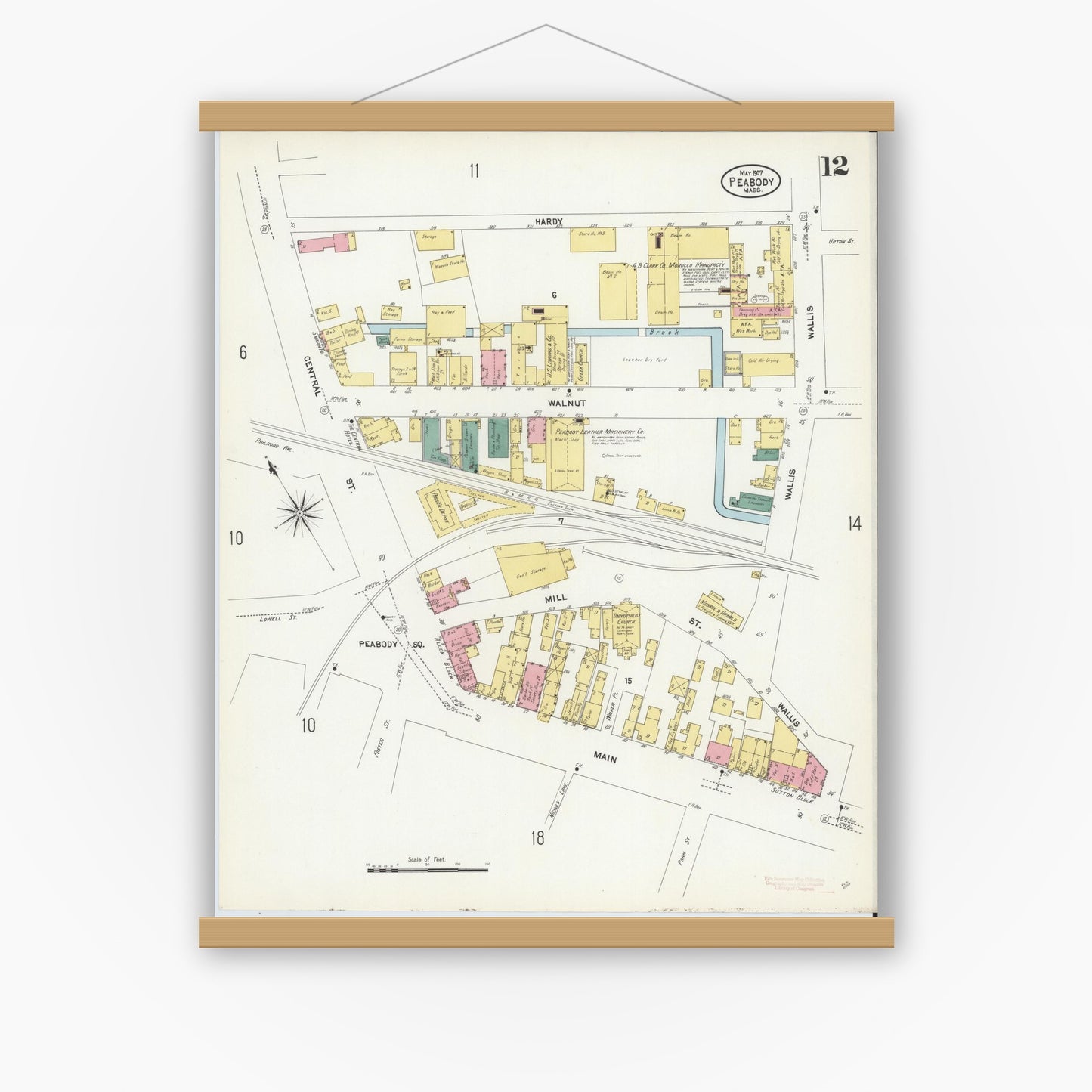 Old map wall art mockup — magnetic wood frame on white wall — Sanborn Fire Insurance Map from Peabody, Essex County, Massachusetts (1907), Sheet #0012