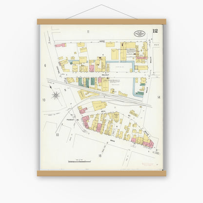 Old map wall art mockup — magnetic wood frame on white wall — Sanborn Fire Insurance Map from Peabody, Essex County, Massachusetts (1907), Sheet #0012