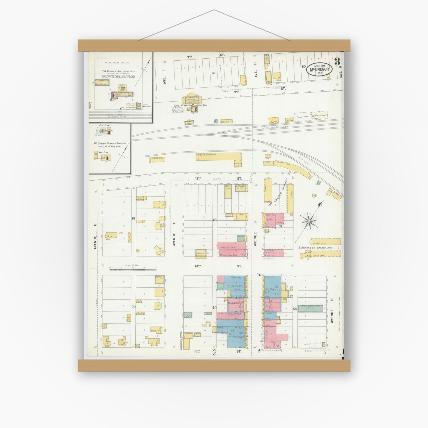 Old map wall art mockup — magnetic wood frame on white wall — Sanborn Fire Insurance Map from McGregor, McLennan County, Texas (1899), Sheet #0003