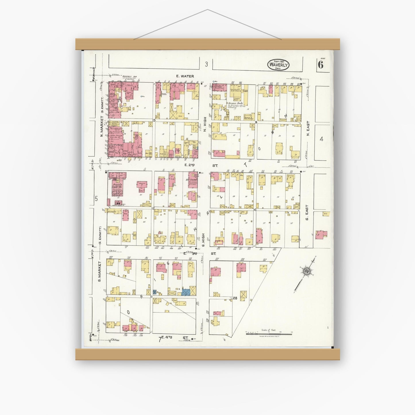 Old map wall art mockup — magnetic wood frame on white wall — Sanborn Fire Insurance Map from Waverly, Pike County, Ohio (1921), Sheet #0006
