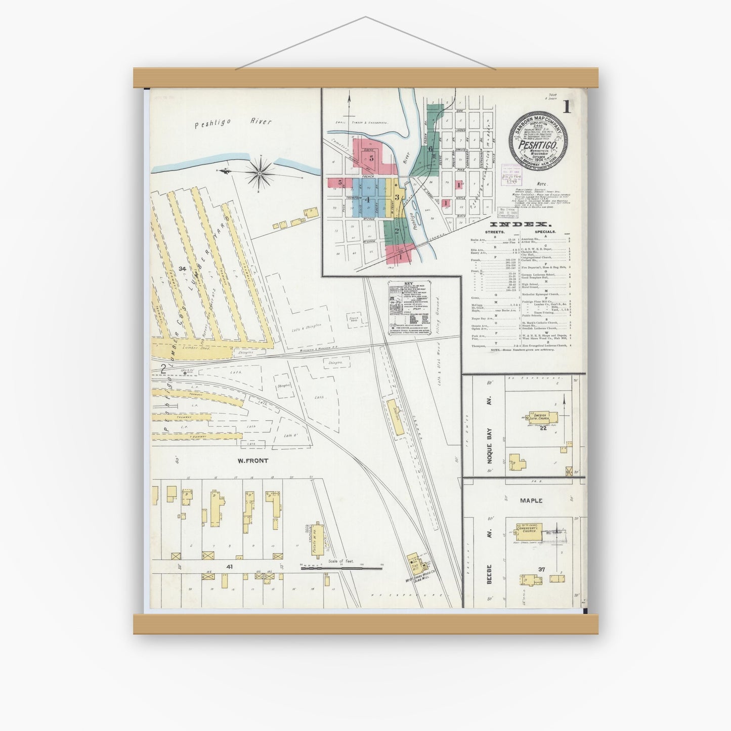 Old map wall art mockup — magnetic wood frame on white wall — Sanborn Fire Insurance Map from Peshtigo, Marinette County, Wisconsin (1904) - Complete Map Set