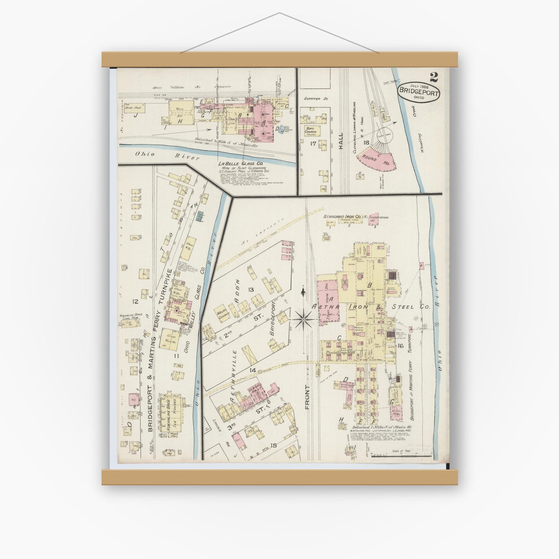 Old map wall art mockup — magnetic wood frame on white wall — Sanborn Fire Insurance Map from Bridgeport, Belmont County, Ohio (1886), Sheet #0002