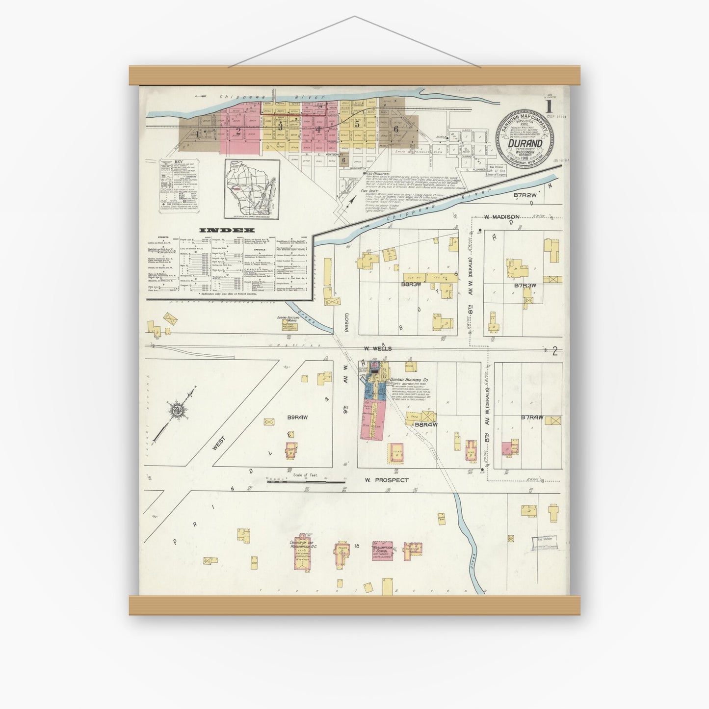 Old map wall art mockup — magnetic wood frame on white wall — Sanborn Fire Insurance Map from Durand, Pepin County, Wisconsin (1916), Sheet #0001