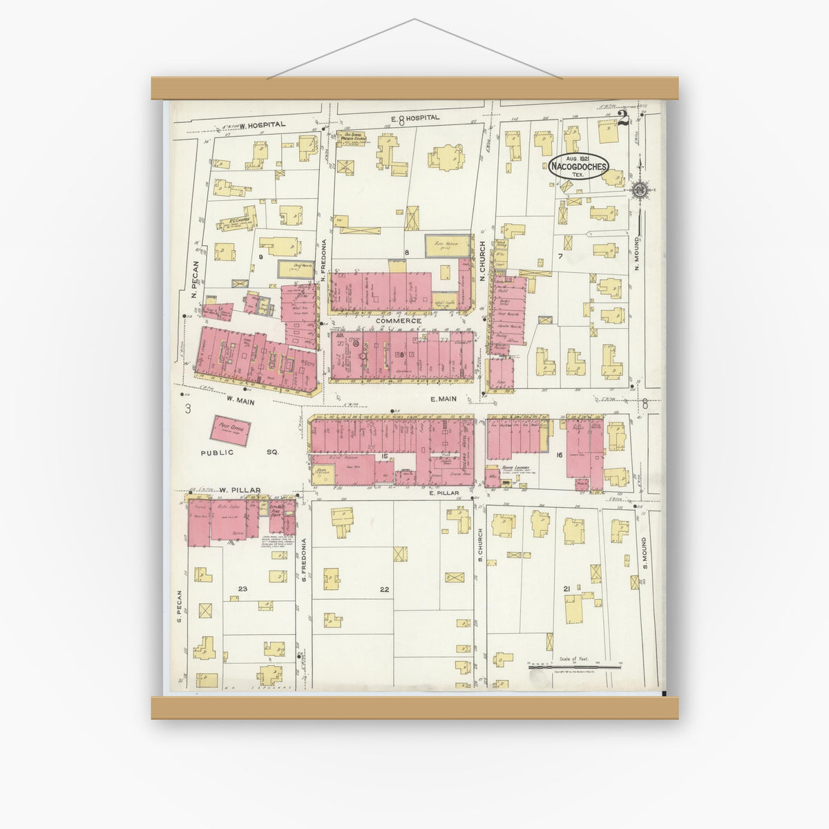 Old map wall art mockup — magnetic wood frame on white wall — Sanborn Fire Insurance Map from Nacogdoches, Nacogdoches County, Texas (1921), Sheet #0002