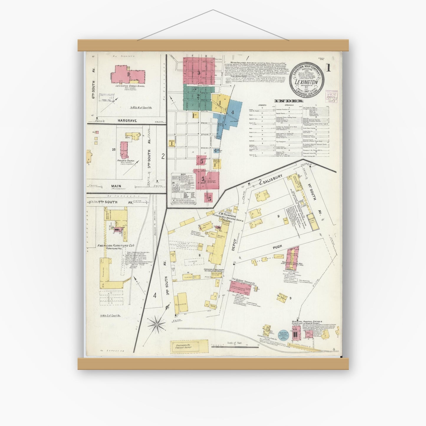 Old map wall art mockup — magnetic wood frame on white wall — Sanborn Fire Insurance Map from Lexington, Davidson County, North Carolina (1907), Sheet #0001