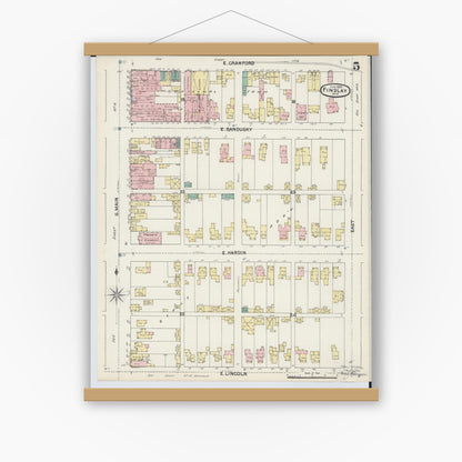 Old map wall art mockup — magnetic wood frame on white wall — Sanborn Fire Insurance Map from Findlay, Hancock County, Ohio (1890), Sheet #0005