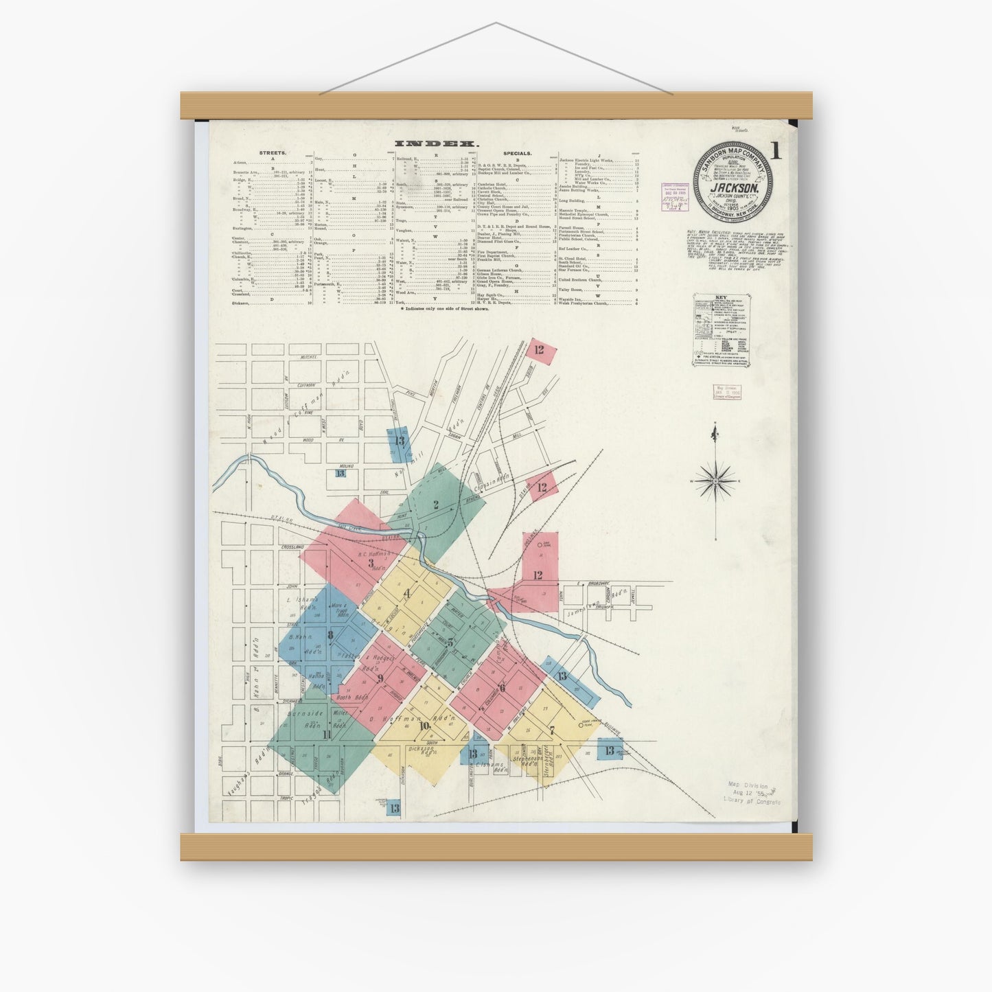 Old map wall art mockup — magnetic wood frame on white wall — Sanborn Fire Insurance Map from Jackson, Jackson County, Ohio (1905) - Complete Map Set