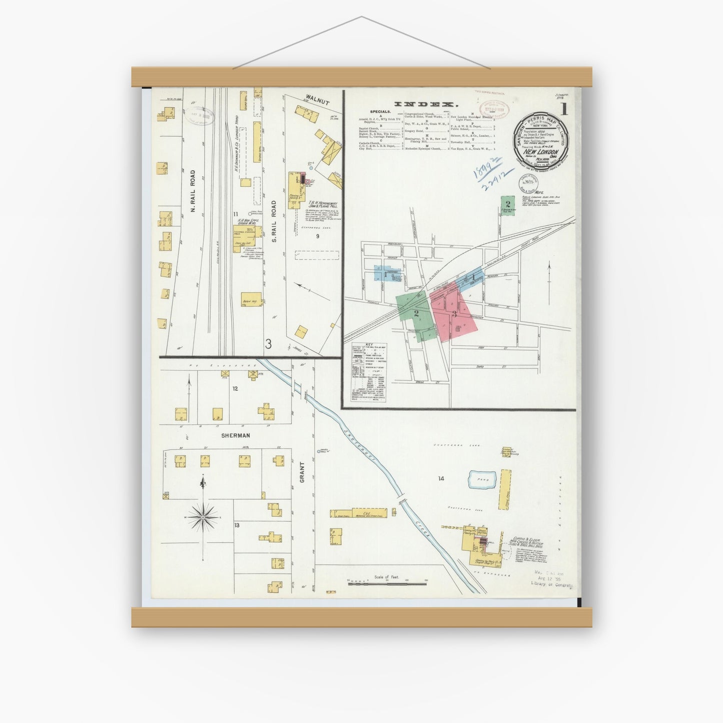 Old map wall art mockup — magnetic wood frame on white wall — Sanborn Fire Insurance Map from New London, Huron County, Ohio (1899), Sheet #0001