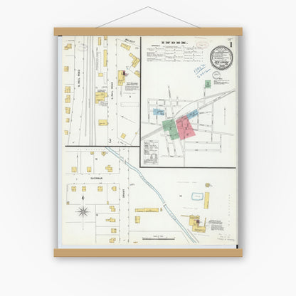Old map wall art mockup — magnetic wood frame on white wall — Sanborn Fire Insurance Map from New London, Huron County, Ohio (1899), Sheet #0001
