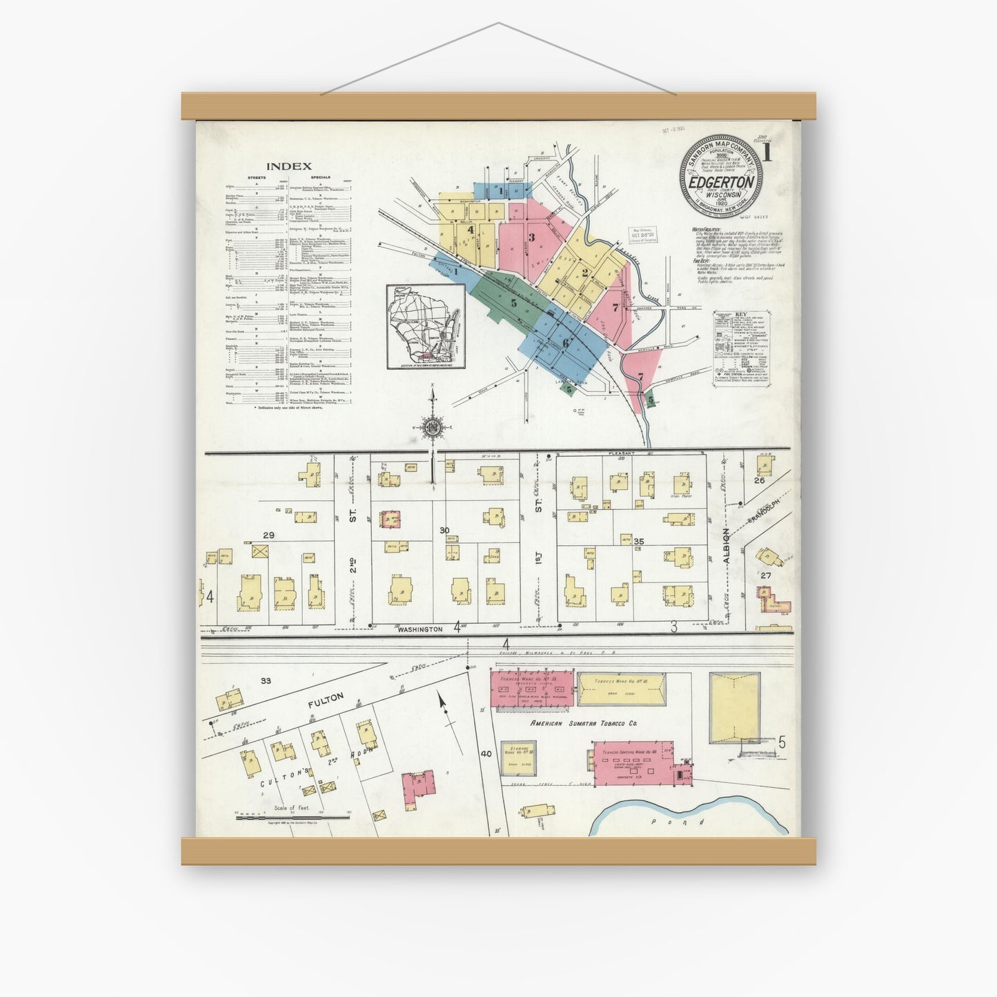 Old map wall art mockup — magnetic wood frame on white wall — Sanborn Fire Insurance Map from Edgerton, Rock County, Wisconsin (1920) - Complete Map Set