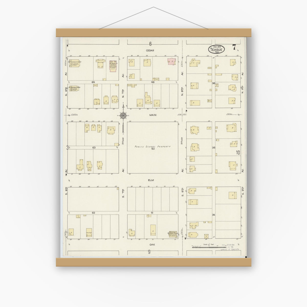 Old map wall art mockup — magnetic wood frame on white wall — Sanborn Fire Insurance Map from Teague, Freestone County, Texas (1914), Sheet #0007