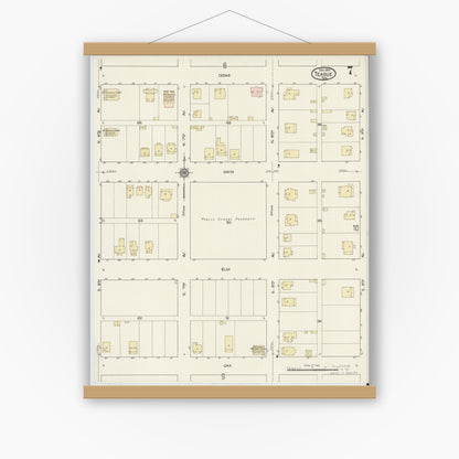 Old map wall art mockup — magnetic wood frame on white wall — Sanborn Fire Insurance Map from Teague, Freestone County, Texas (1914), Sheet #0007