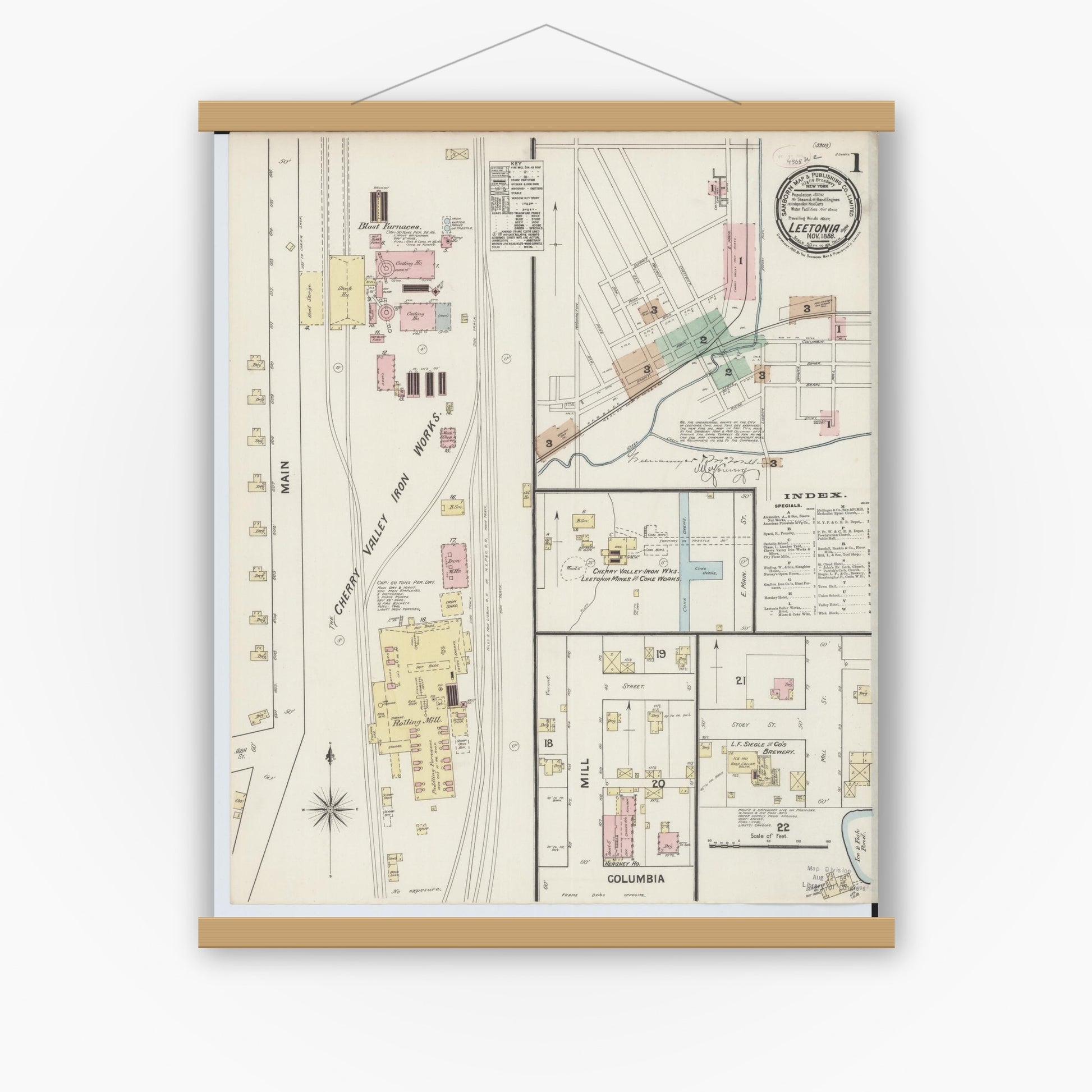 Old map wall art mockup — magnetic wood frame on white wall — Sanborn Fire Insurance Map from Leetonia, Columbiana County, Ohio (1888) - Complete Map Set