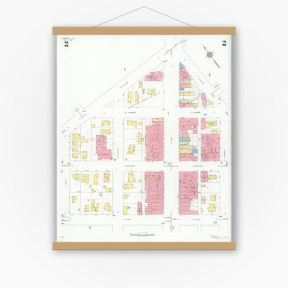 Old map wall art mockup — magnetic wood frame on white wall — Sanborn Fire Insurance Map from Harvard, McHenry County, Illinois (1934), Sheet #0002