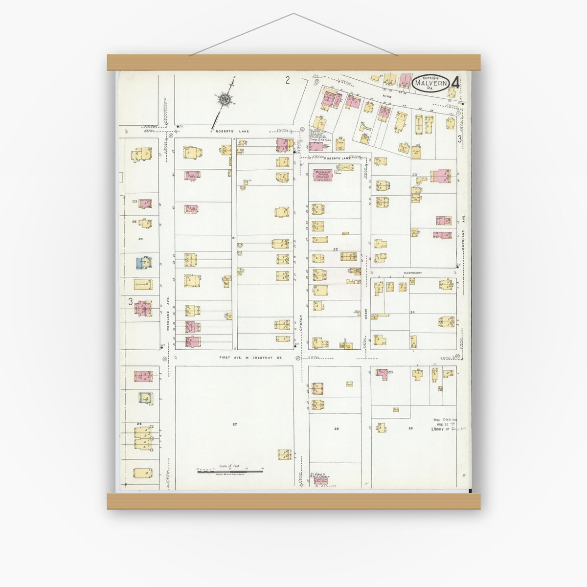 Old map wall art mockup — magnetic wood frame on white wall — Sanborn Fire Insurance Map from Malvern, Chester County, Pennsylvania (1919), Sheet #0004