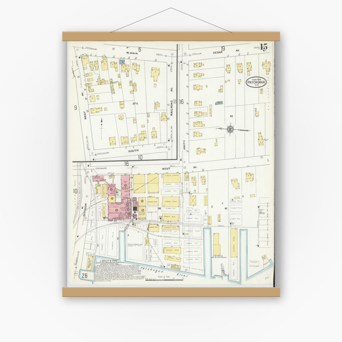 Old map wall art mockup — magnetic wood frame on white wall — Sanborn Fire Insurance Map from Patchogue, Suffolk County, New York (1910), Sheet #0015