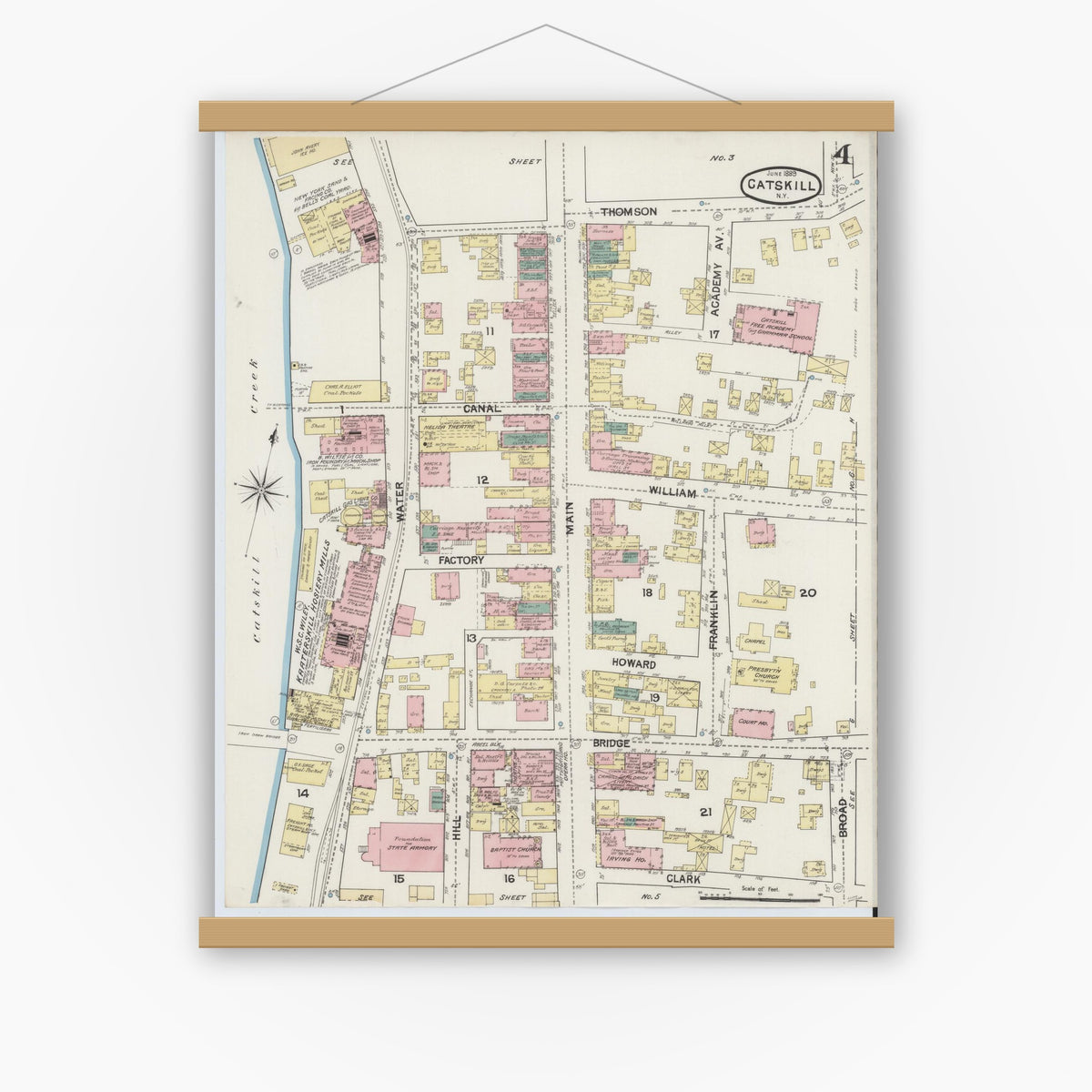 Old map wall art mockup — magnetic wood frame on white wall — Sanborn Fire Insurance Map from Catskill, Greene County, New York (1889), Sheet #0004