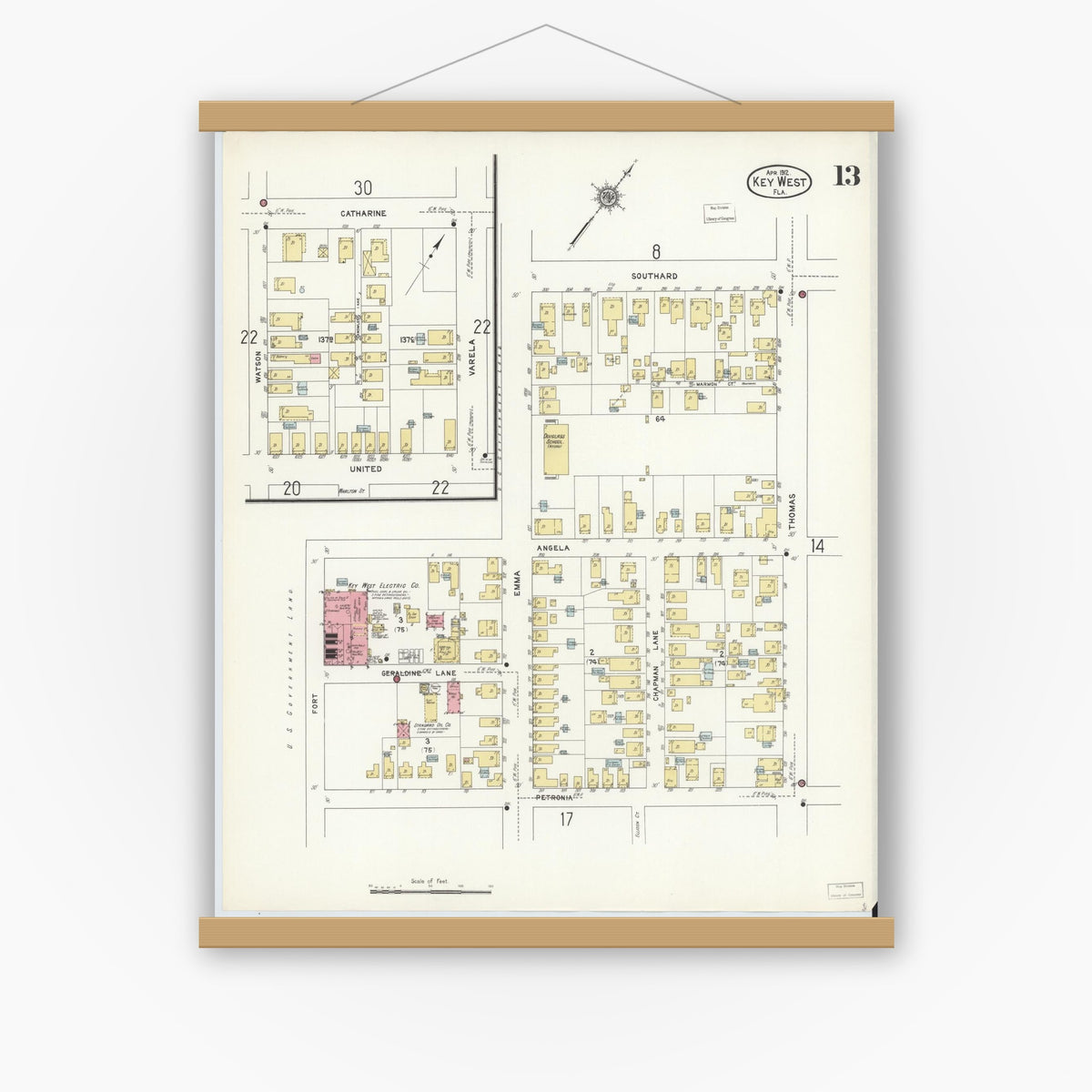 Old map wall art mockup — magnetic wood frame on white wall — Sanborn Fire Insurance Map from Key West, Monroe County, Florida (1912), Sheet #0013