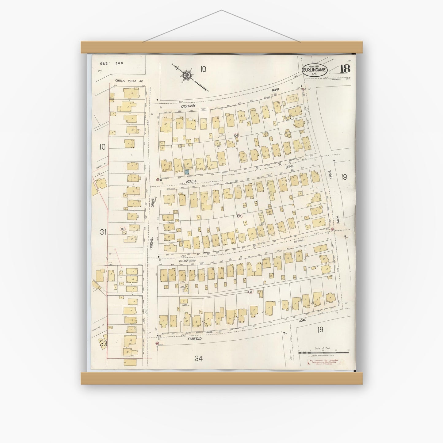Old map wall art mockup — magnetic wood frame on white wall — Sanborn Fire Insurance Map from Burlingame, San Mateo County, California (1949), Sheet #0018
