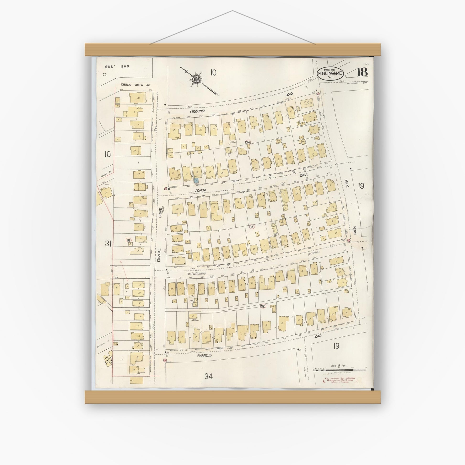 Old map wall art mockup — magnetic wood frame on white wall — Sanborn Fire Insurance Map from Burlingame, San Mateo County, California (1949), Sheet #0018