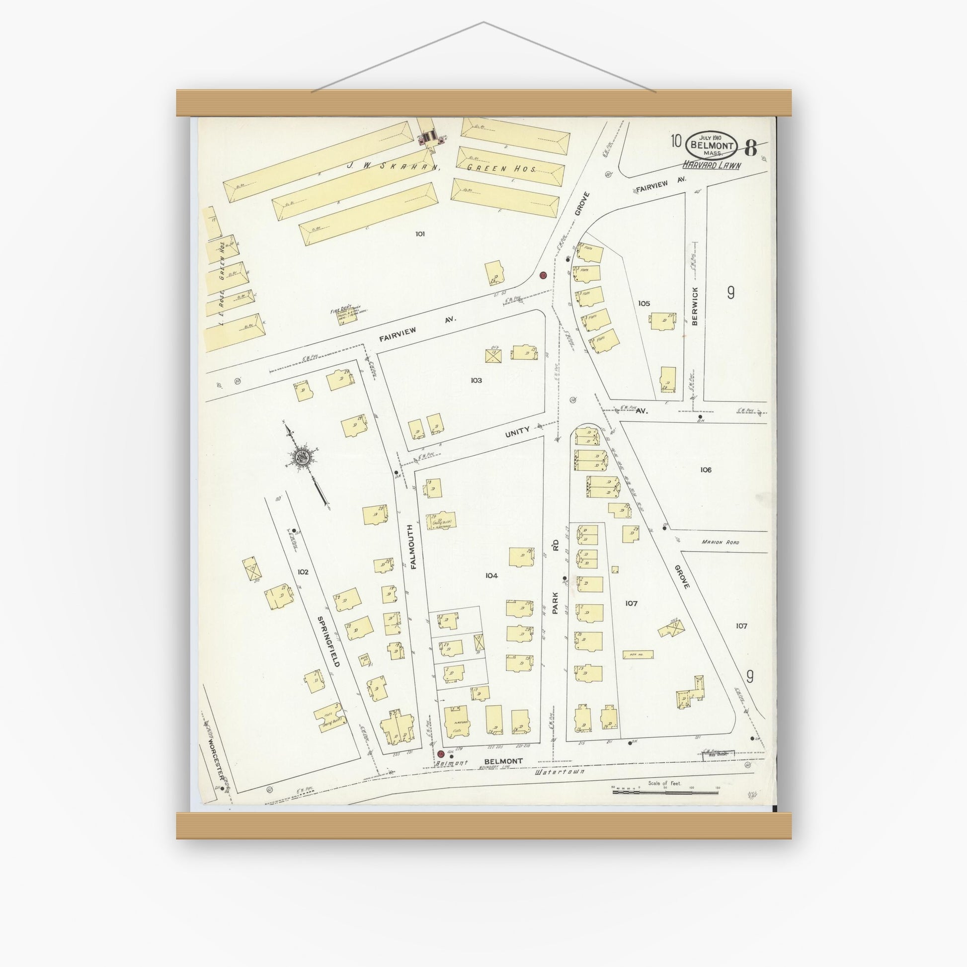Old map wall art mockup — magnetic wood frame on white wall — Sanborn Fire Insurance Map from Belmont, Middlesex County, Massachusetts (1910), Sheet #0008