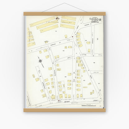 Old map wall art mockup — magnetic wood frame on white wall — Sanborn Fire Insurance Map from Belmont, Middlesex County, Massachusetts (1910), Sheet #0008