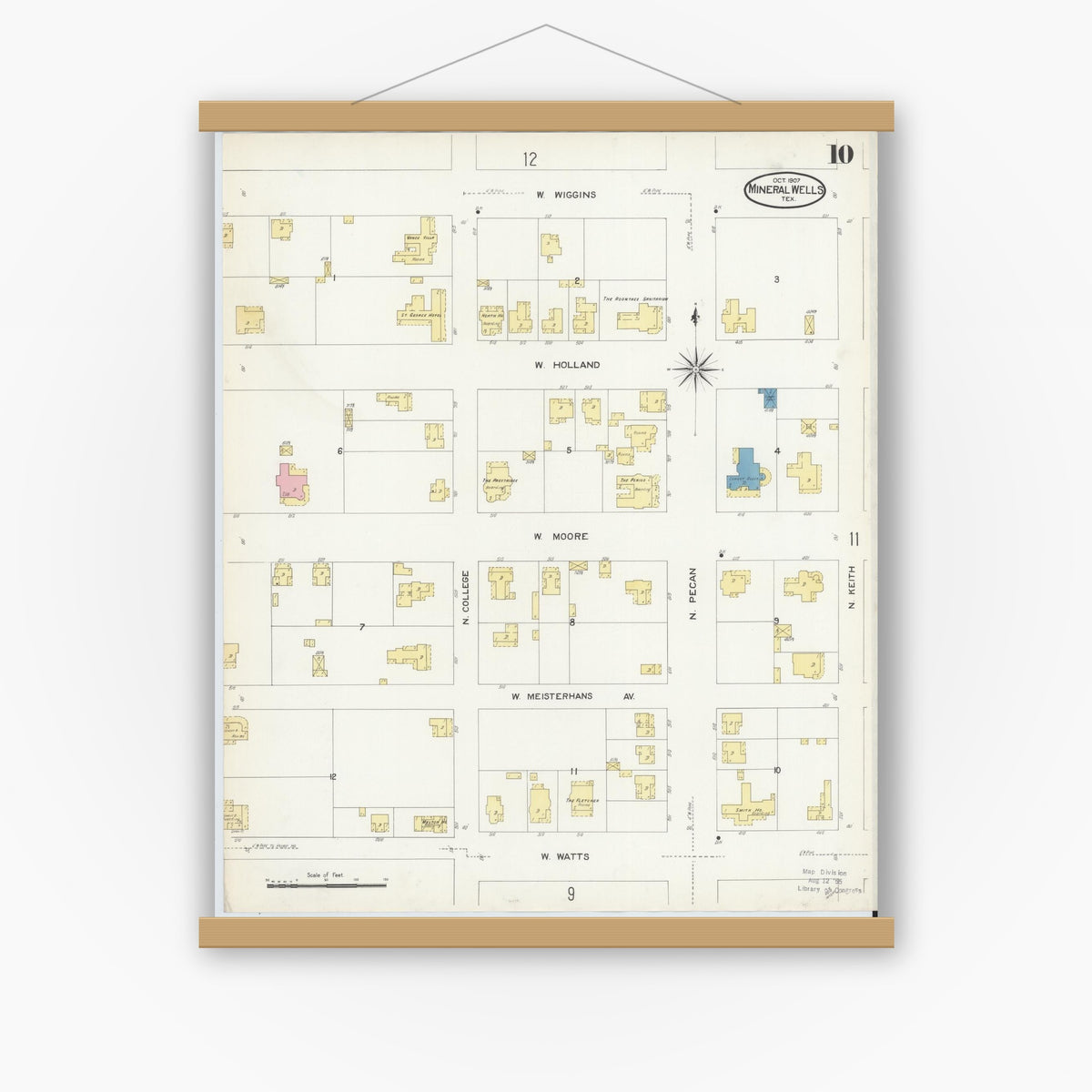 Old map wall art mockup — magnetic wood frame on white wall — Sanborn Fire Insurance Map from Mineral Wells, Palo Pinto County, Texas (1907), Sheet #0010
