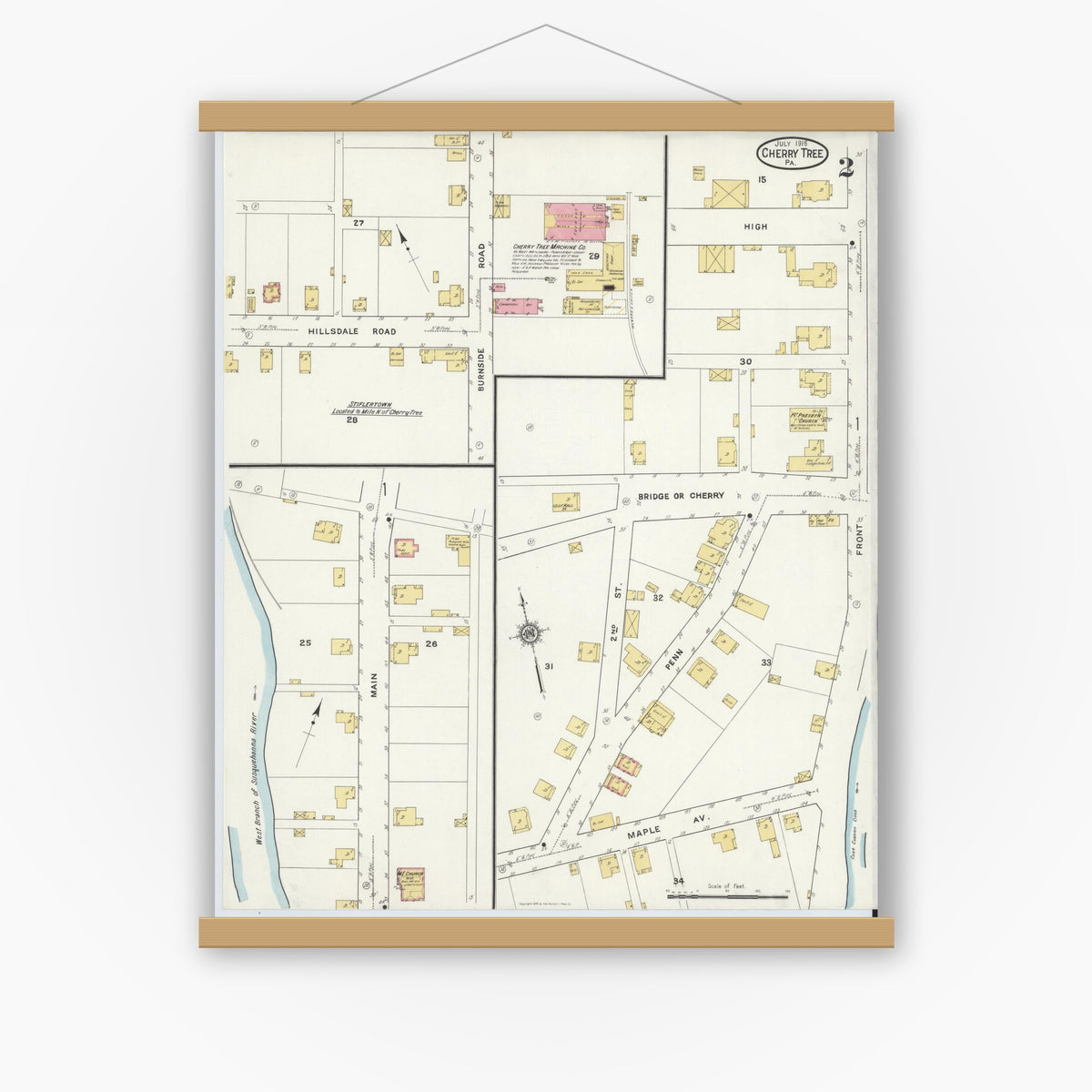 Old map wall art mockup — magnetic wood frame on white wall — Sanborn Fire Insurance Map from Cherry Tree, Indiana County, Pennsylvania (1916), Sheet #0002