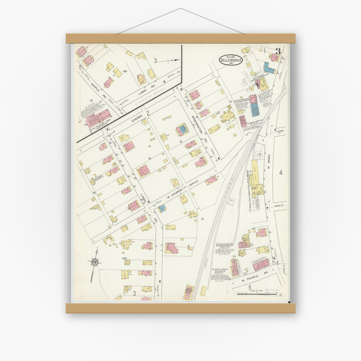 Old map wall art mockup — magnetic wood frame on white wall — Sanborn Fire Insurance Map from Sellersville, Bucks County, Pennsylvania (1913), Sheet #0003