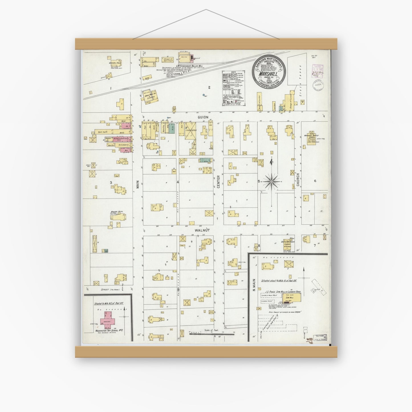 Old map wall art mockup — magnetic wood frame on white wall — Sanborn Fire Insurance Map from Marshall, Parke County, Indiana (1902), Sheet #0001