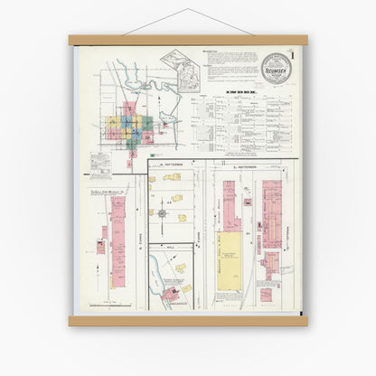 Old map wall art mockup — magnetic wood frame on white wall — Sanborn Fire Insurance Map from Tecumseh, Lenawee County, Michigan (1912), Sheet #0001