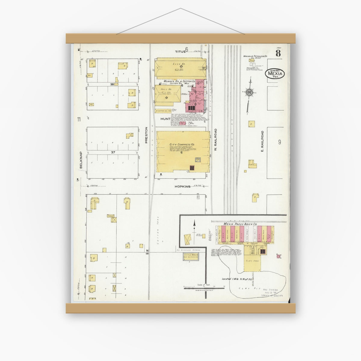 Old map wall art mockup — magnetic wood frame on white wall — Sanborn Fire Insurance Map from Mexia, Limestone County, Texas (1921), Sheet #0008