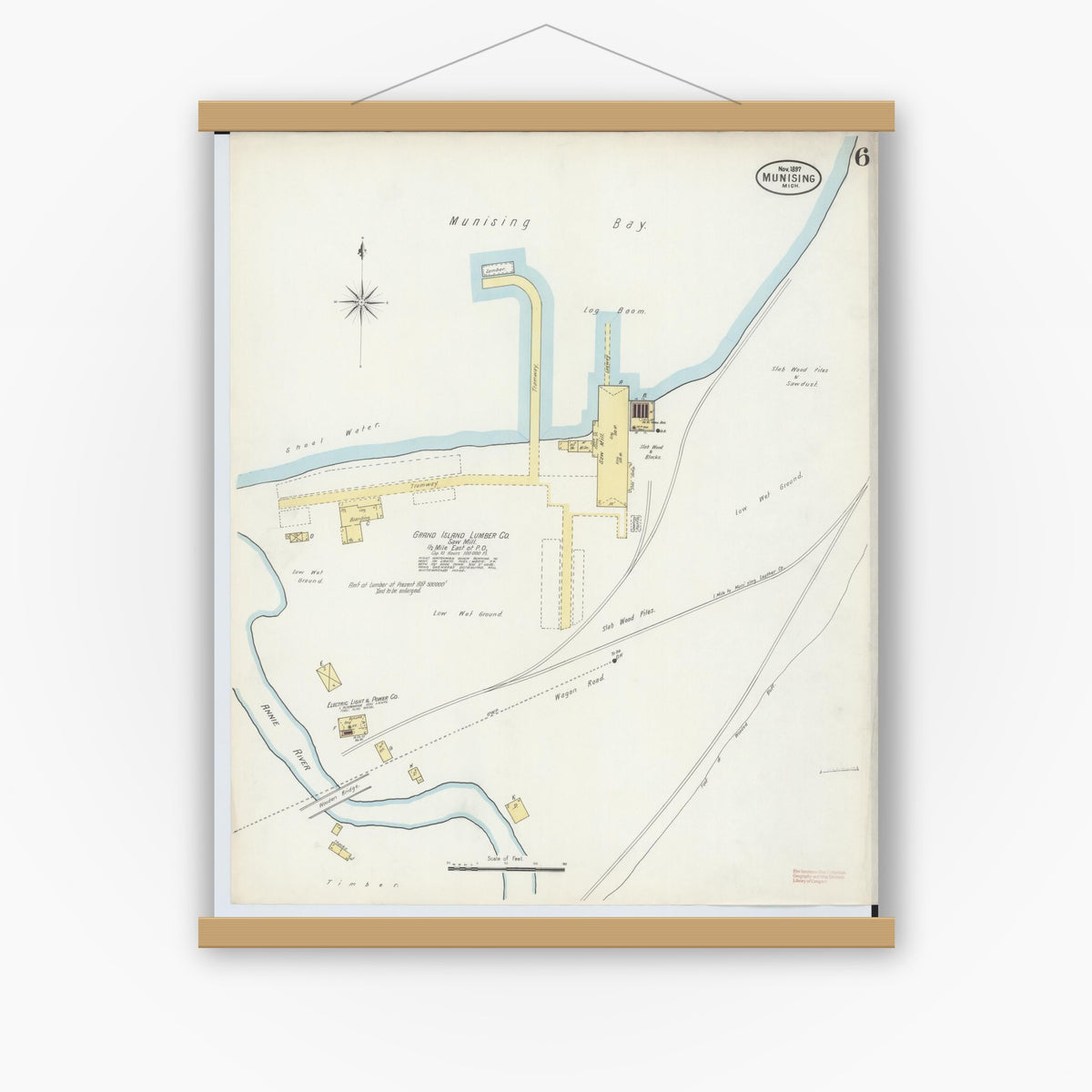 Old map wall art mockup — magnetic wood frame on white wall — Sanborn Fire Insurance Map from Munising, Alger County, Michigan (1897), Sheet #0006