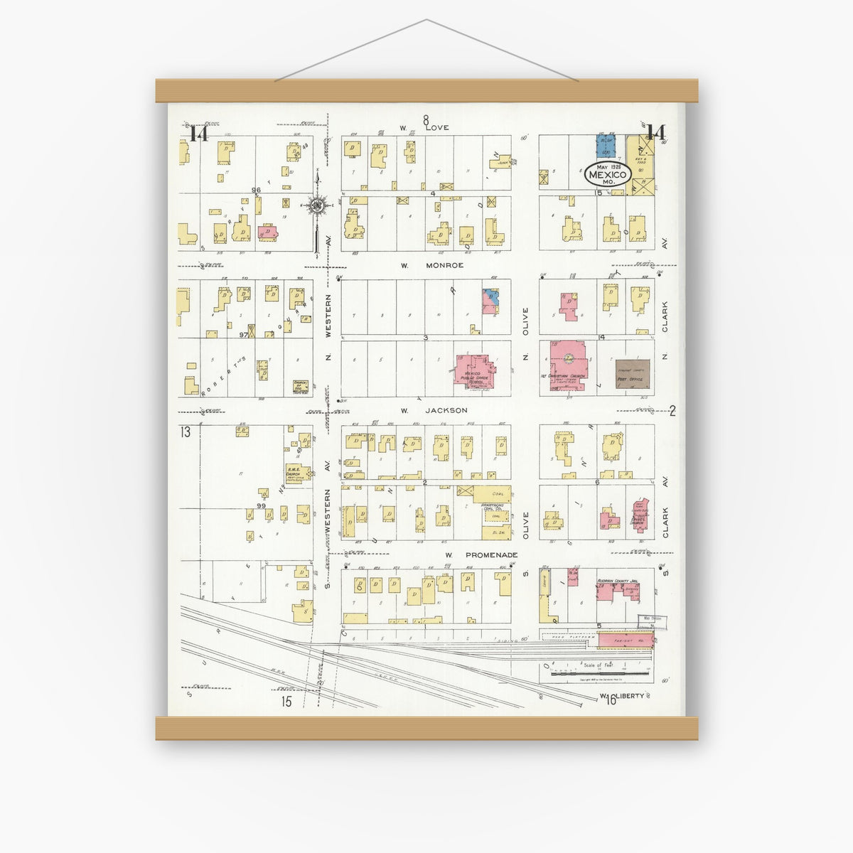 Old map wall art mockup — magnetic wood frame on white wall — Sanborn Fire Insurance Map from Mexico, Audrain County, Missouri (1926), Sheet #0014