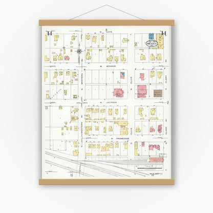Old map wall art mockup — magnetic wood frame on white wall — Sanborn Fire Insurance Map from Mexico, Audrain County, Missouri (1926), Sheet #0014