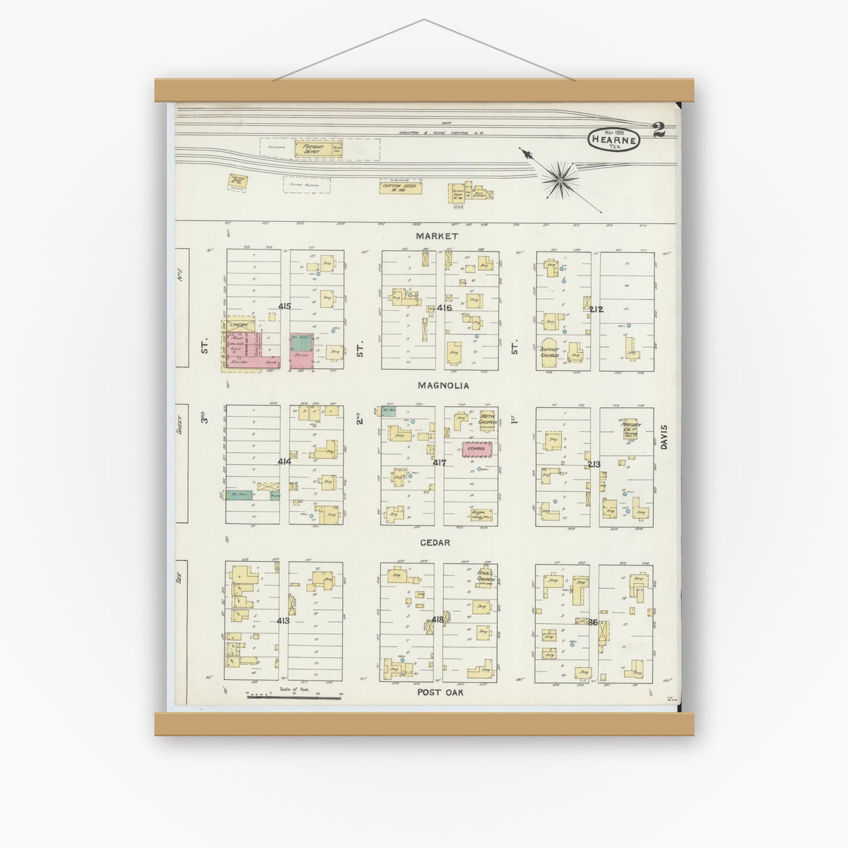 Old map wall art mockup — magnetic wood frame on white wall — Sanborn Fire Insurance Map from Hearne, Robertson County, Texas (1891), Sheet #0002