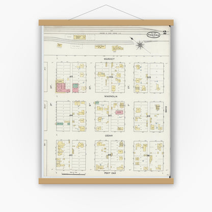 Old map wall art mockup — magnetic wood frame on white wall — Sanborn Fire Insurance Map from Hearne, Robertson County, Texas (1891), Sheet #0002