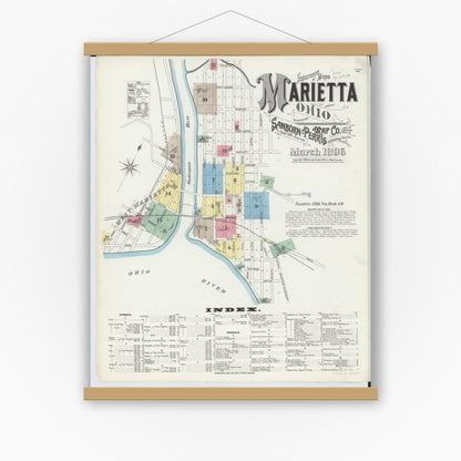 Old map wall art mockup — magnetic wood frame on white wall — Sanborn Fire Insurance Map from Marietta, Washington County, Ohio (1896) - Complete Map Set