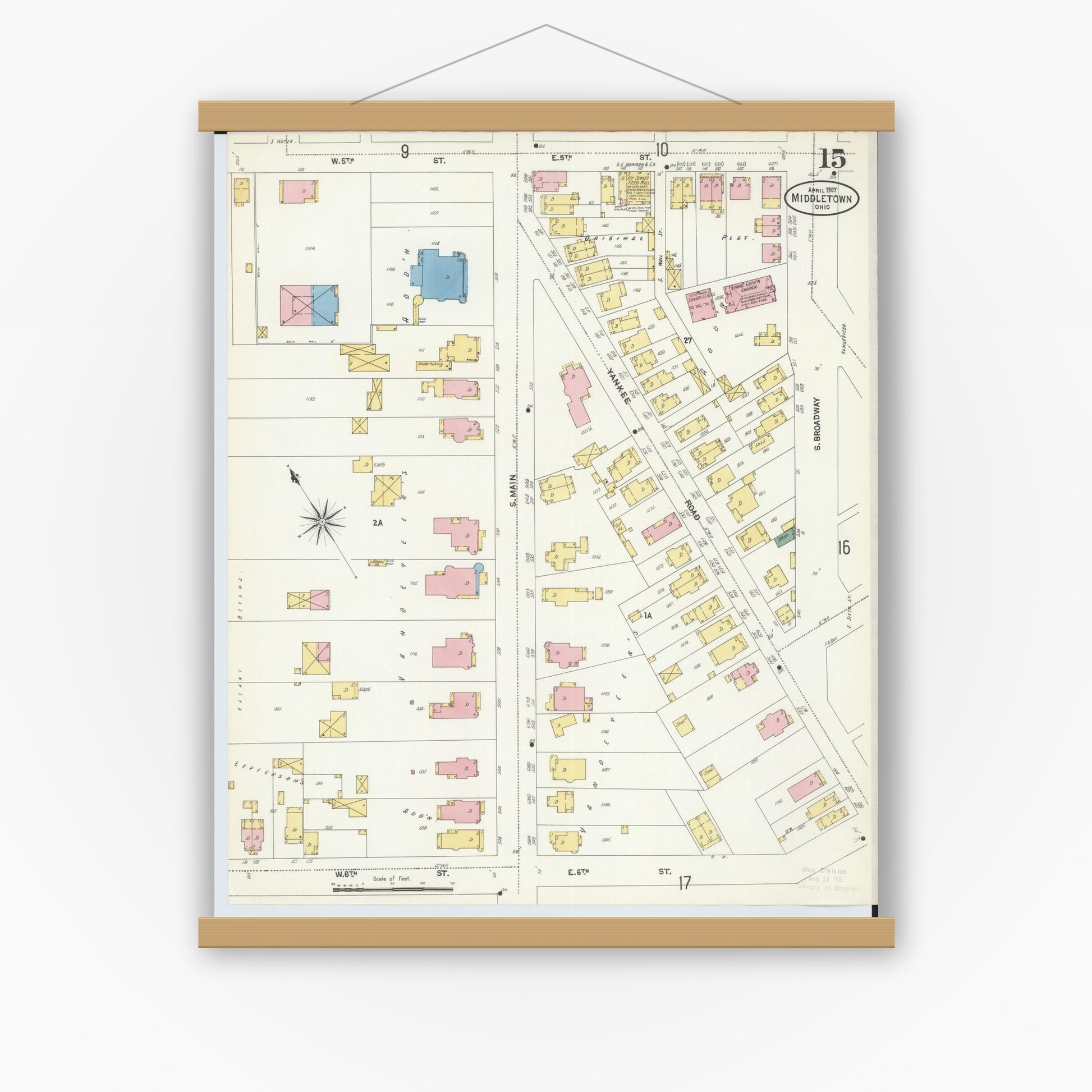 Old map wall art mockup — magnetic wood frame on white wall — Sanborn Fire Insurance Map from Middletown, Butler County, Ohio (1907), Sheet #0015