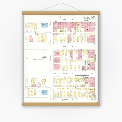 Old map wall art mockup — magnetic wood frame on white wall — Sanborn Fire Insurance Map from Clinton, Clinton County, Iowa (1909), Sheet #0016