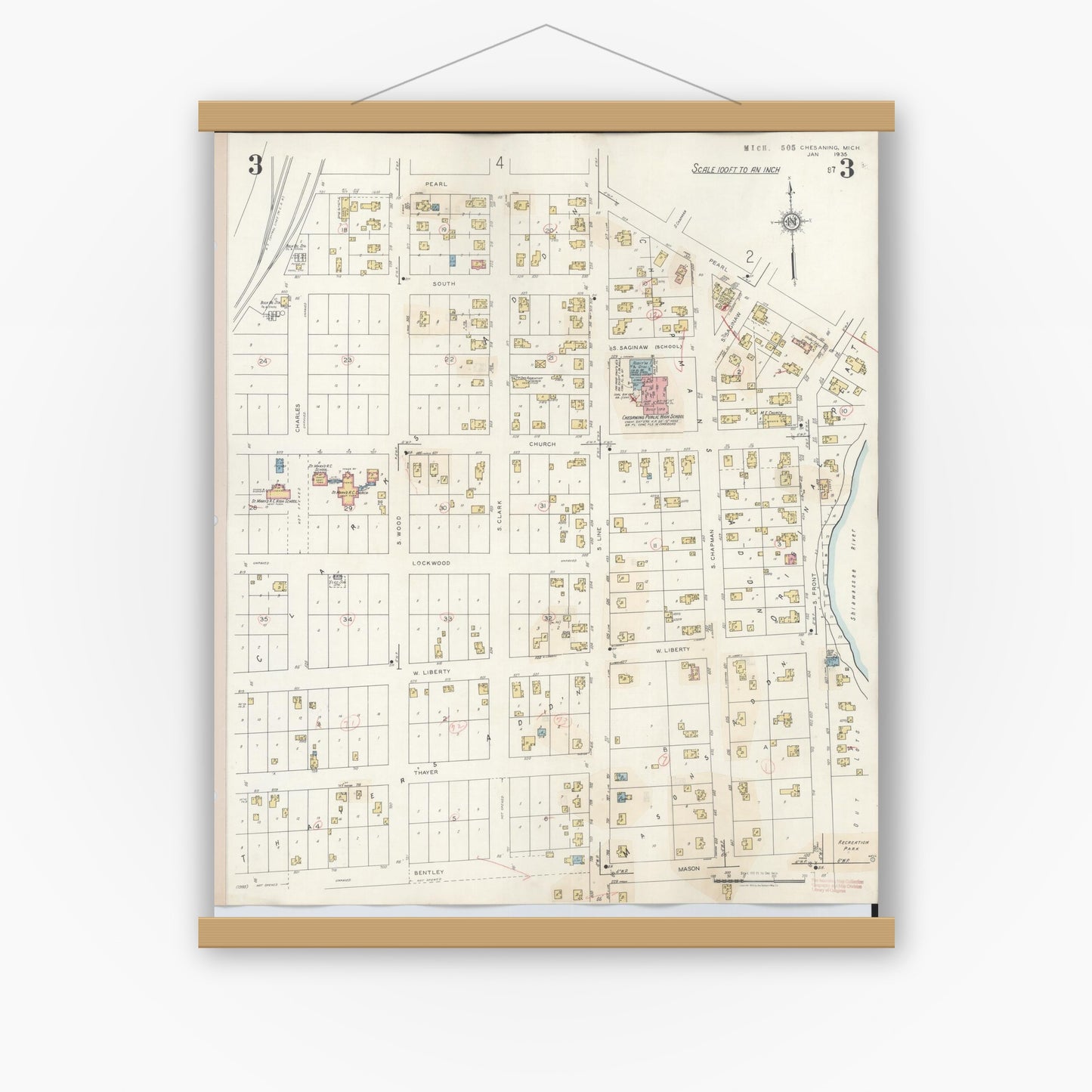 Old map wall art mockup — magnetic wood frame on white wall — Sanborn Fire Insurance Map from Chesaning, Saginaw County, Michigan (1944), Sheet #0003