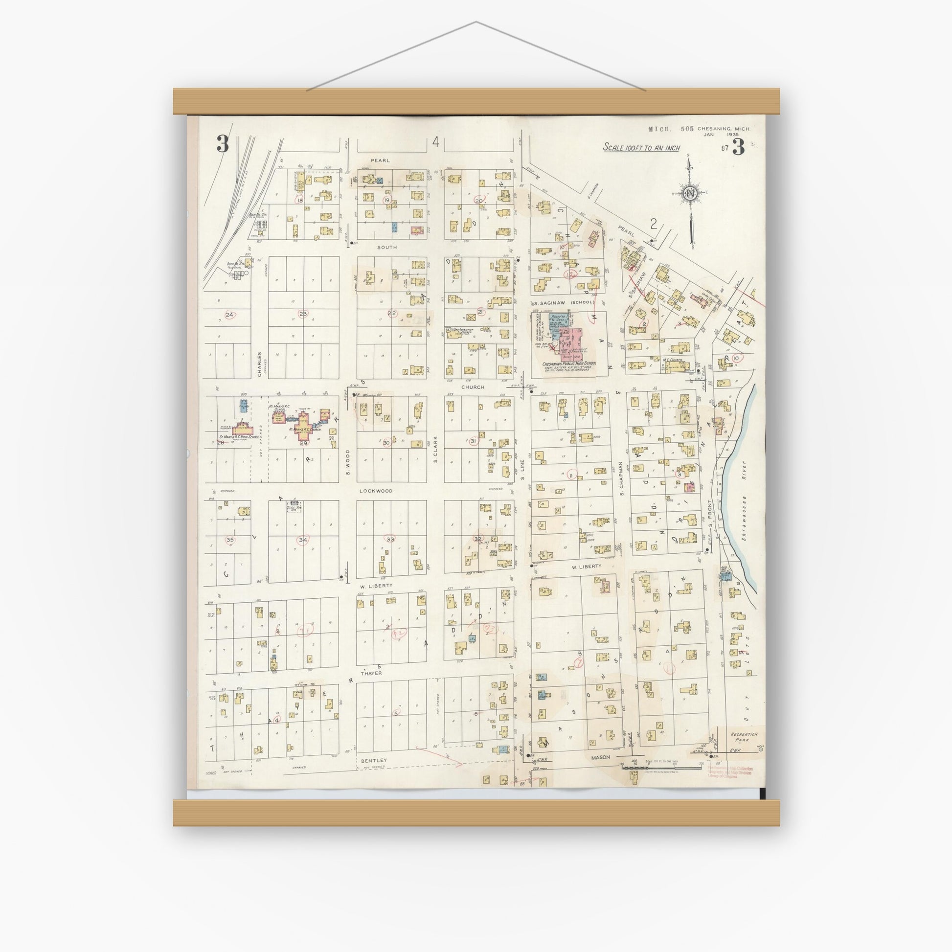 Old map wall art mockup — magnetic wood frame on white wall — Sanborn Fire Insurance Map from Chesaning, Saginaw County, Michigan (1944), Sheet #0003