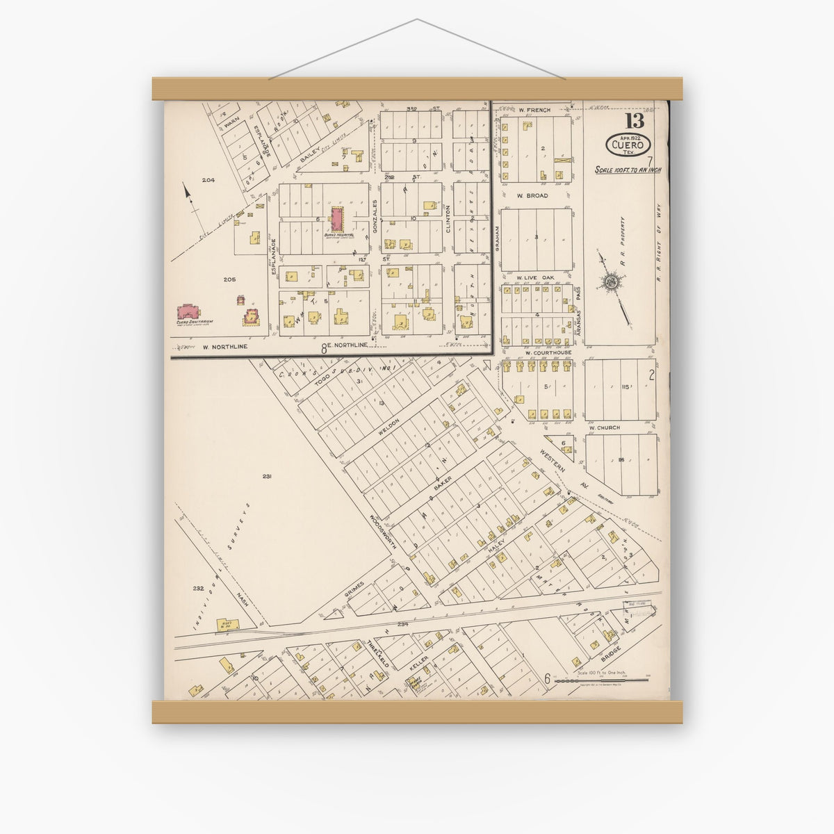 Old map wall art mockup — magnetic wood frame on white wall — Sanborn Fire Insurance Map from Cuero, De Witt County, Texas (1922), Sheet #0013