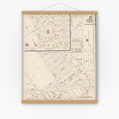 Old map wall art mockup — magnetic wood frame on white wall — Sanborn Fire Insurance Map from Cuero, De Witt County, Texas (1922), Sheet #0013