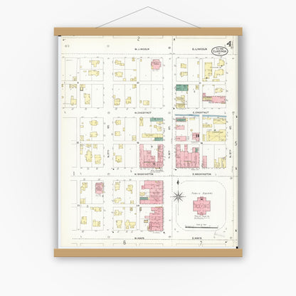 Old map wall art mockup — magnetic wood frame on white wall — Sanborn Fire Insurance Map from Clarinda, Page County, Iowa (1906), Sheet #0004
